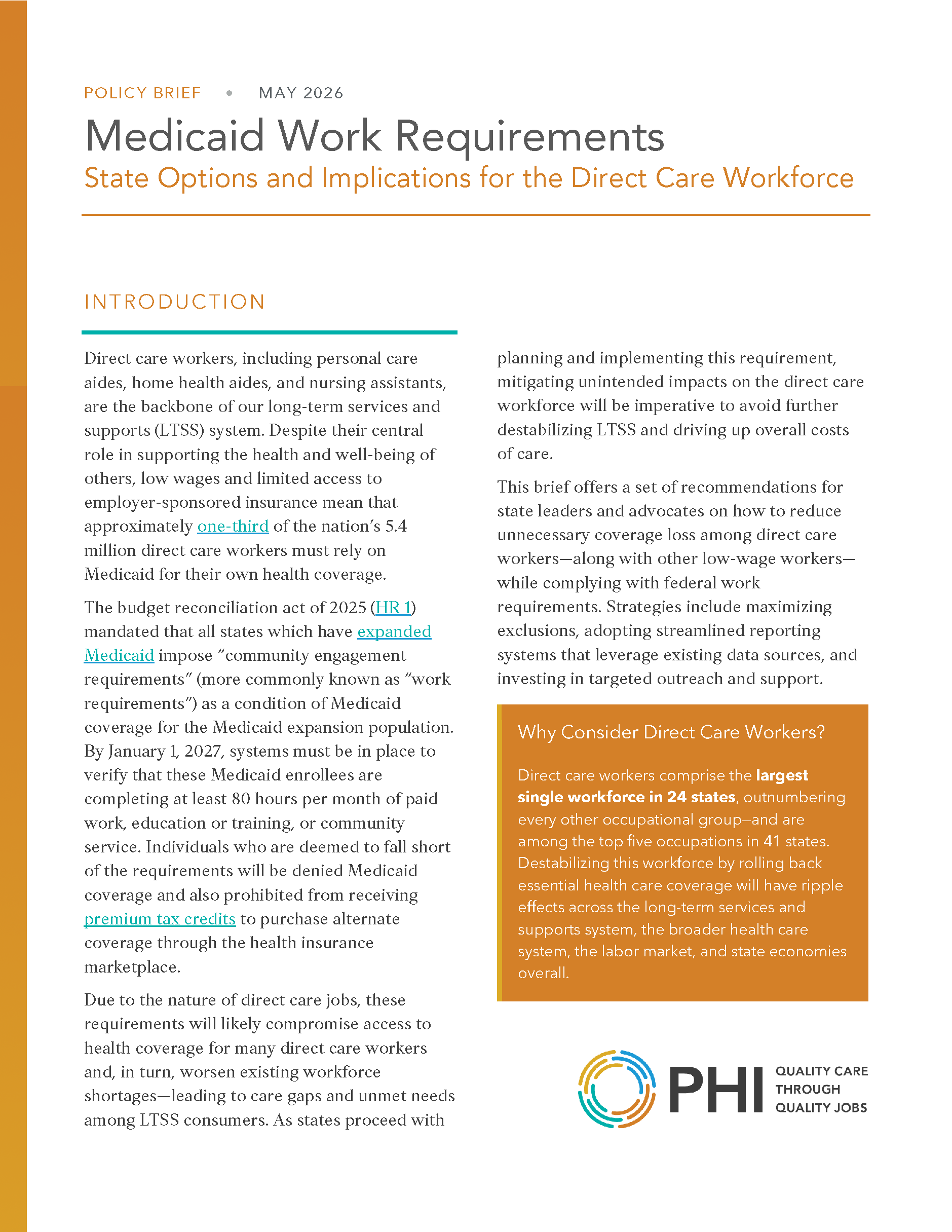 Medicaid Work Requirements: State Options and Implications for the Direct Care Workforce